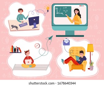 Distance study at school. Students study from their home. Online education.  Boys and girls sit home and have lesson using computer, laptop, tablet. E-learning vector flat illustration. 