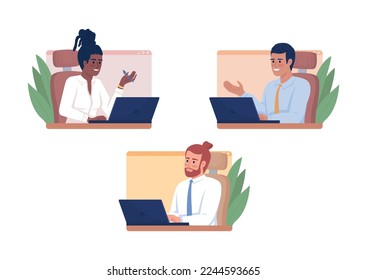 El equipo de distancia se reúne con el concepto plano de ilustración vectorial. Red de trabajo. Personajes editables de dibujos animados 2D sobre blanco para el diseño web. Comunicación en línea idea creativa para sitio web, móvil, presentación
