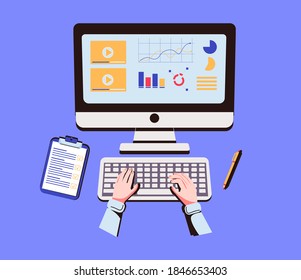 Distance training, elearning education concept. Human freelancer cartoon character listening audio course and working on laptop computer at home. Video conference with teacher or personal tutor online