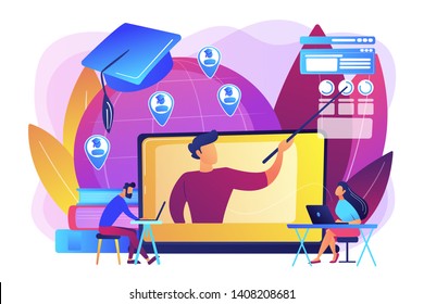 Distance university students flat characters watching tutorial video. Global online education, e-learning tools, internet training webinar concept. Bright vibrant violet vector isolated illustration