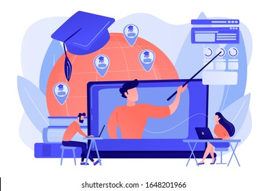 Distance university students flat characters watching tutorial video. Global online education, e-learning tools, internet training webinar concept. Pinkish coral bluevector isolated illustration