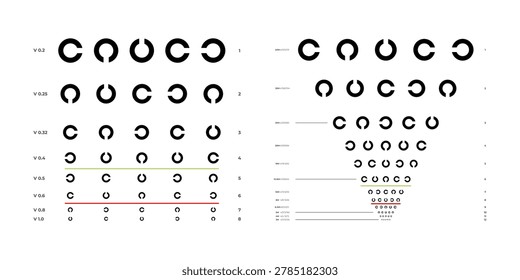 Distance Visual Tests for Visual Acuity Poster Design Diagram Healthcare, Educational Medical Medical Eye Chart with Landolt C Chart. Isolated on White Background. Vector. Eye Vision Health