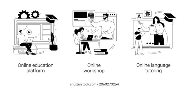 Conjunto de ilustraciones vectoriales abstractas de aprendizaje web a distancia. Plataforma de educación en línea, taller y tutoría de idiomas, videollamada, webinar educativo, cursos de tutores personales metáfora abstracta.