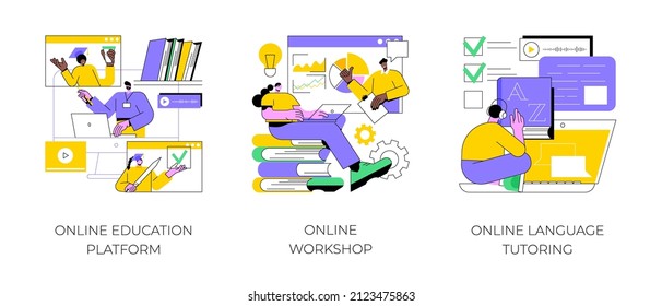 Distance web learning abstract concept vector illustration set. Online education platform, workshop and language tutoring, video call, educational webinar, personal tutor courses abstract metaphor.