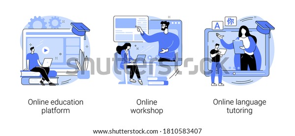 Distance web learning abstract concept vector\
illustration set. Online education platform, workshop and language\
tutoring, video call, educational webinar, personal tutor courses\
abstract metaphor.