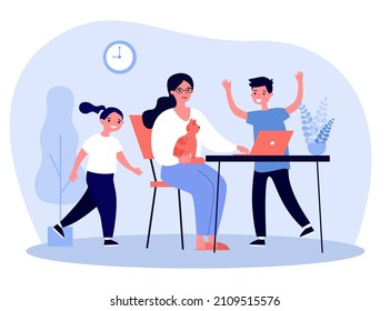 Distance work of busy young mother and playing kids. Woman sitting with cat at workplace, working with laptop flat vector illustration. Freelance concept for banner, website design or landing web page