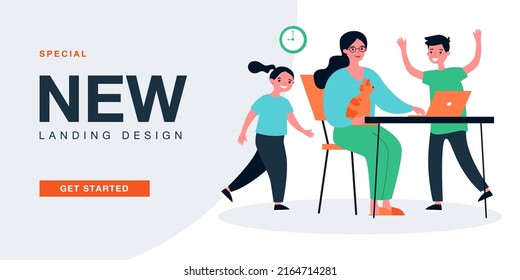 Distance work of busy young mother and playing kids. Woman sitting with cat at workplace, working with laptop flat vector illustration. Freelance concept for banner, website design or landing web page