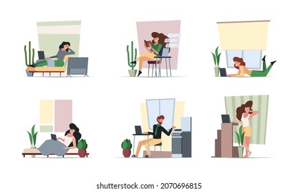 Distance work. Freelancer working at home relax persons healthy professional workflow in interior space garish vector people laptop and computer printing