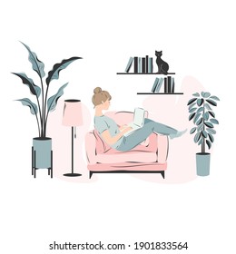 Distance work. The girl working in comfortable conditions from home, student or freelancer. Home office,  online training, quarantine concept. Vector illustration in flat style