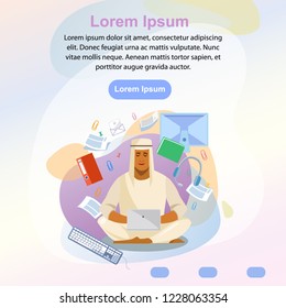 Distance Work in Internet or Virtual Office Service Cartoon Vector Square Web Banner. Muslim Man in Traditional Arabic Wear Using Laptop, Working with Documents or Content. Online Courses Landing Page