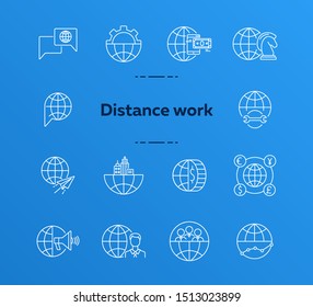 Distance work line icon set. World, professional, team, payment. Business concept. Can be used for topics like worldwide business, networking freelance