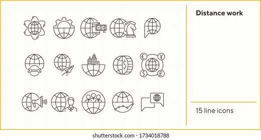 Distance work line icon set. World, professional, team, payment. Business concept. Can be used for topics like worldwide business, networking freelance
