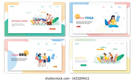 Distance Work Outdoor Yoga. Summer BBQ Enjoy Travel Banner Set. Cartoon People Ride Bicycle Vacation Trip Vector Illustration. Woman Meditate Man Freelancer Relax. Barbeque Picnic Party