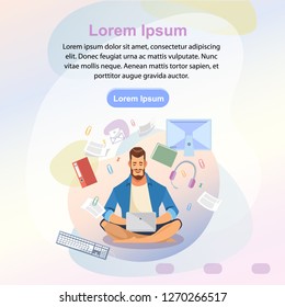 Distance Work in Virtual Office Cartoon Vector Web Banner, Internet Site Square Template with Freelancer, Entrepreneur or Student Using Laptop Illustration. Online Education Service Landing Page