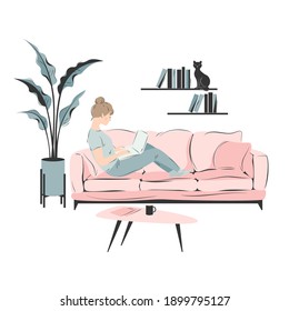 Distance work. Woman working from home sitting on a sofa, student or freelancer. Home office,  online training, quarantine concept. Vector illustration in flat style