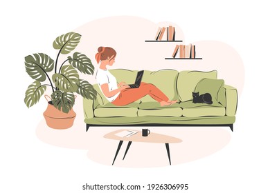 Distance work. Woman working from home sitting on a sofa, student or freelancer. Home office,  online training, quarantine concept. Vector illustration in flat style