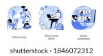 Distance working abstract concept vector illustration set. Outsourcing, work home office, online conference, freelance job, team digital meeting, IT business, internet platform abstract metaphor.