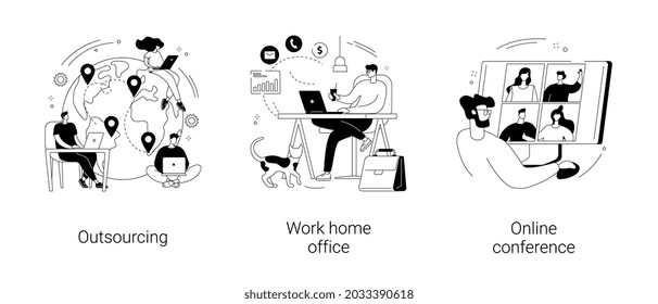 Distance Working Abstract Concept Vector Illustration Set. Outsourcing, Work Home Office, Online Conference, Freelance Job, Team Digital Meeting, IT Business, Internet Platform Abstract Metaphor.