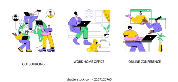 Distance Working Abstract Concept Vector Illustration Set. Outsourcing, Work Home Office, Online Conference, Freelance Job, Team Digital Meeting, IT Business, Internet Platform Abstract Metaphor.