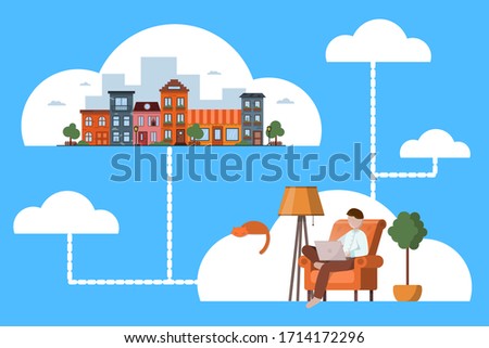 Distance working around the world Remote control of city communication by online from home. Stock vector illustration