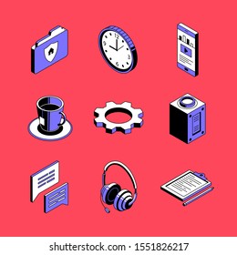 Distance working - colorful vector isometric icons set. Home sourcing, remote workplace idea 3d thin line objects. Freelancers time management. Work chat, computer technologies isolated outline images