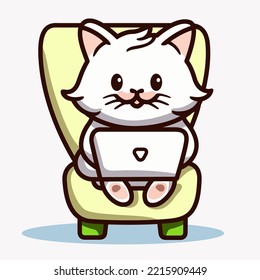 Distance working. A cute cat sitting on a chair using a laptop, cartoon vector.