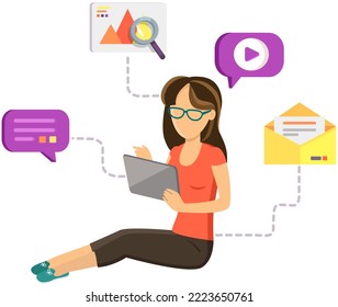 Distance working, freelance and internet surfing. IT manager, designer, developer brainstorming, chatting. Working with digital mind map concept. Woman with tablet and internet, video, email icons