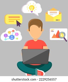 Distance working, freelance and internet surfing. Working with digital data development using computer. Mailing and chatting in social media concept. Man with laptop and internet, wifi. email icons