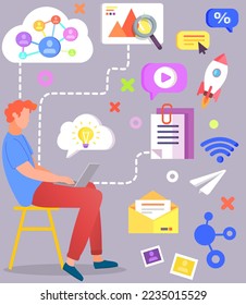 Trabajo a distancia, freelance y surf en internet. Administrador de TI, diseñador, lluvia de ideas de desarrolladores. Trabajar con el concepto de desarrollo de aplicaciones digitales. Hombre con ordenador portátil e Internet, wifi. iconos de correo electrónico