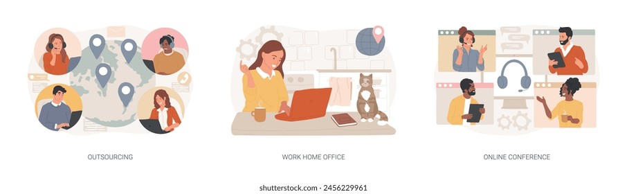 Vektorillustration des isolierten Konzepts für die Fernarbeit. Outsourcing, Work-Home-Office, Online-Konferenz, Freelance-Job, Team-Digital-Meeting, IT-Business, Internet-Plattform-Vektorgrafik-Konzept.
