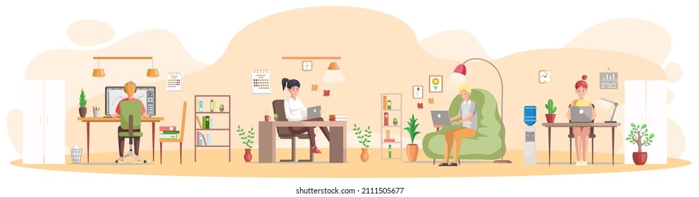 Distance working with laptop, computer and internet entertainment concept. Set of people sitting with laptops and working. Remote work, typing, online home freelancing with laptop, computer