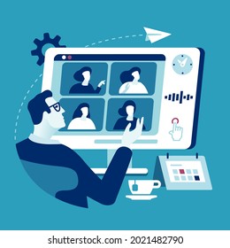 Distance working. The manager communicates with colleagues via a computer network. Business vector illustration