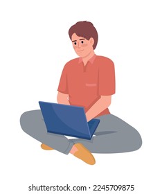 Carácter vector de color semiplano de trabajo a distancia. Figura editable. Persona de cuerpo entero sobre blanco. Estudiando a distancia. Educación en línea simple ilustración de estilo de caricatura para diseño gráfico web y animación