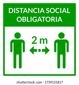 Distancia Social Obligatoria ("Social Distance is Mandatory" in Spanish) Keep Your Distance 2 m or 2 Metres Instruction Icon. Vector Image.