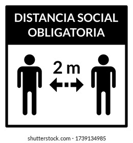 Distancia Social Obligatoria ("Social Distance is Mandatory" in Spanish) Keep Your Distance 2 m or 2 Metres Instruction Icon. Vector Image.