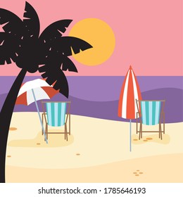 distancing on the beach chairs and umbrellas seascape scene vector illustration design