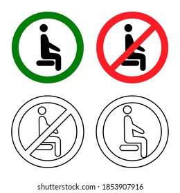 Distancing sitting. Sit here, please. Do not sit here. Forbidden icon for seat. Prohibition sign. Lockdown rule. Keep your distance when you are sitting. Man on the chair. Vector illustration