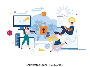 Distant Access to Business Data, Cloud Service for Business Team Remote Work Trendy Flat Vector Concept. Businesspeople Sending Information to Colleagues, Saving Data in Online Storage Illustration