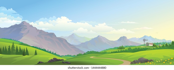 A distant barn on the lush green meadows with mountains and a road