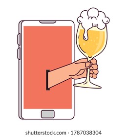 distant communication, hand holding cup glass of beer through smartphone screen vector illustration design