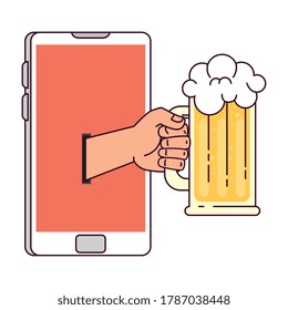 distant communication, hand holding mug glass of beer through smartphone screen vector illustration design