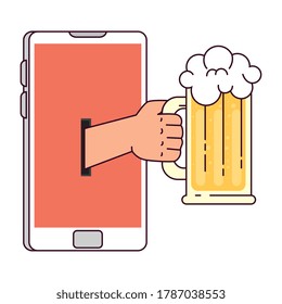 distant communication, hand holding mug glass of beer through smartphone screen vector illustration design