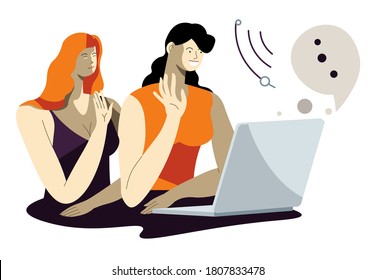 Distant communication using laptop and online modern technologies. Female characters waving hand to screen. Video call with family or conference with partners from work, vector in flat style