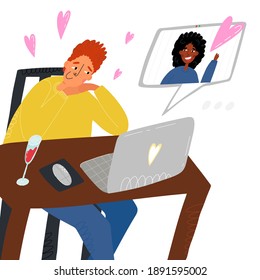 Distant couple in love video call, online date. Ginger head guy talking with his girlfriend by webcam, glass of wine nearby. Valentine's Day during Covid-19 pandemic concept.