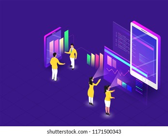 Distant Coworking or Remote Work concept, miniature business people analysis data through VR Glasses on blue background. Isometric design for web template.