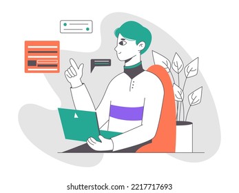 Distant creative worker, freelance designer or IT engineer. Remote working with computer, office person work from home flat vector illustration. Creative freelance worker