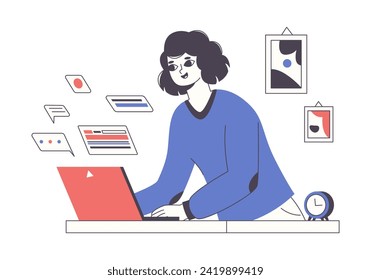 Distant creative worker. Freelance female web designer or IT engineer, remote working with computer flat vector illustration. Freelance person working from home