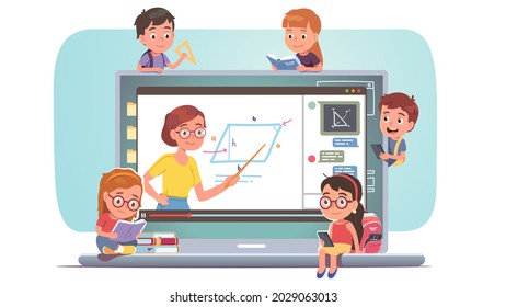 Distant education class concept. Kids watching remote interactive online webinar lesson with chat on laptop computer. Teacher explaining, children students learning remotely. Flat vector illustration