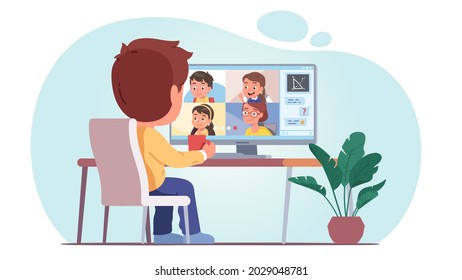 Distant education class group video call and chat. School student boy, girl talking to teacher, classmates at home desk, discussing homework assignment task. Kids conference call vector illustration