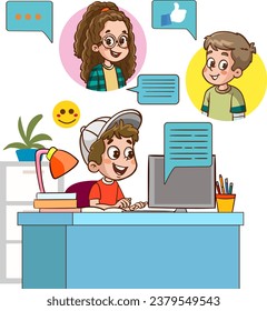 Distant education class group video call and chat. School student boy, girl talking to teacher, classmates at home desk, discussing homework assignment task. Kids conference call vector illustration